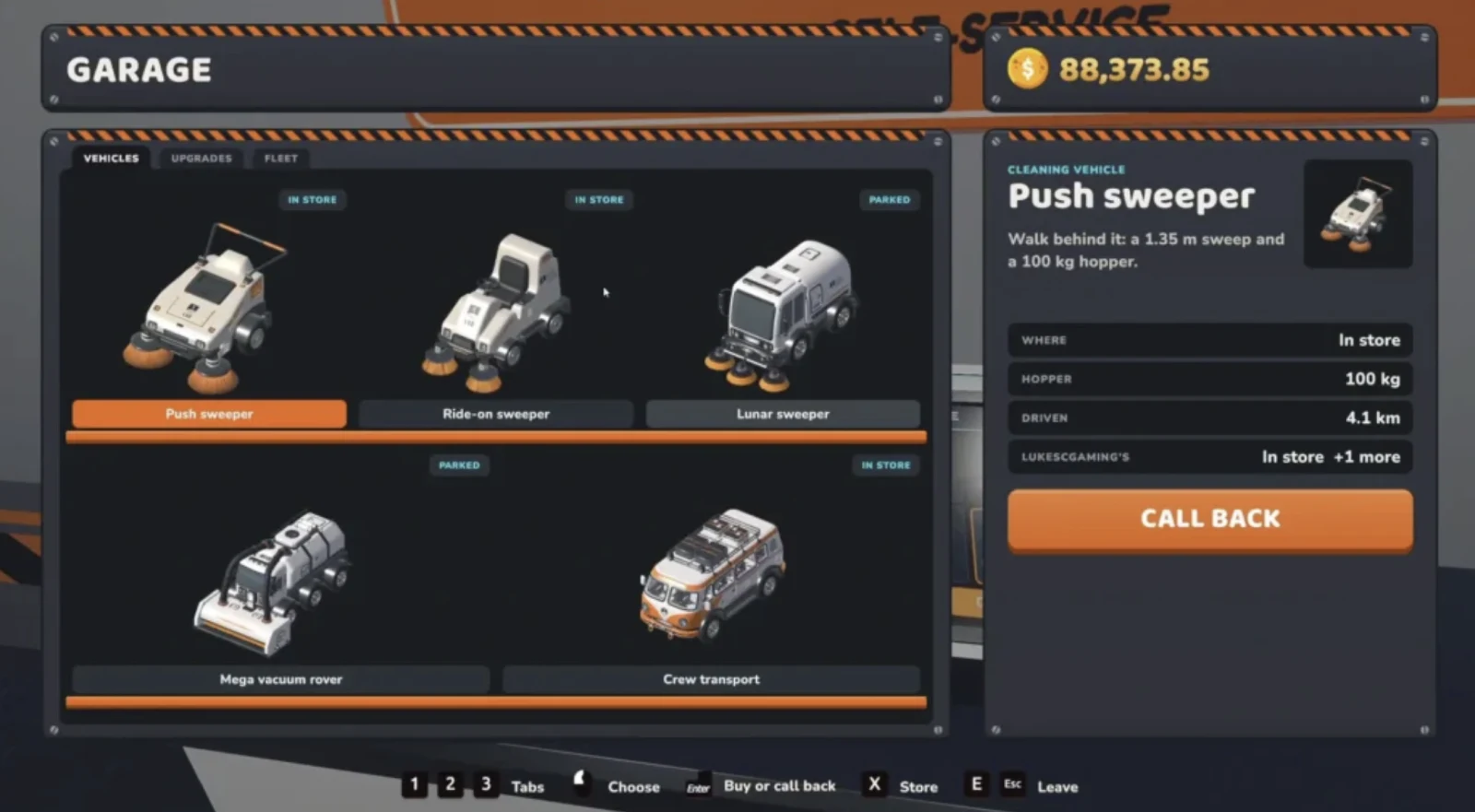 Moon Sweepers Garage vehicle menu with Push Sweeper selected and the call back button visible