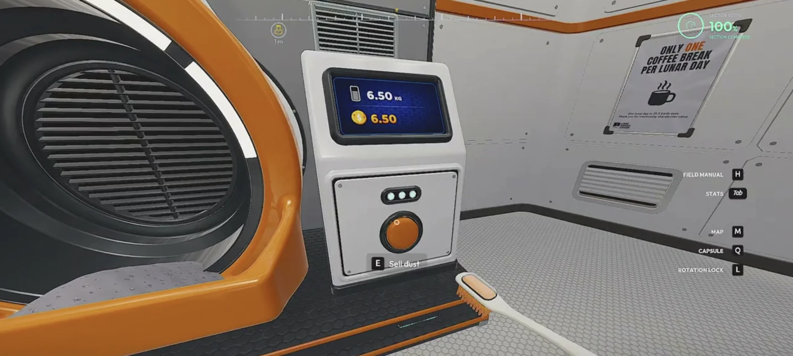 Moon Sweepers station dust intake showing stored weight, value and the Sell dust interaction