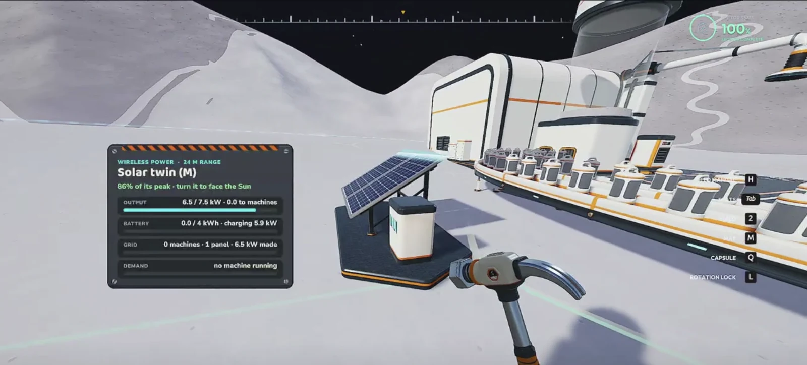 Moon Sweepers Solar Twin panel displaying power output, battery charge and grid demand