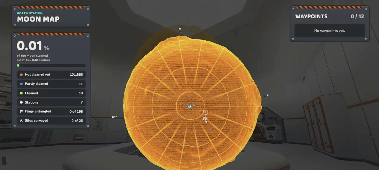 Moon Sweepers Moon Map showing cleanup progress, sector colors and waypoint panel