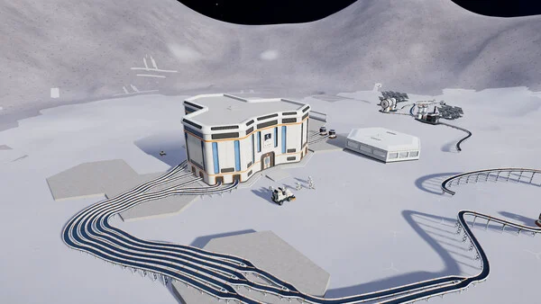 Cintas transportadoras Moon Sweepers que corren entre edificios lunares