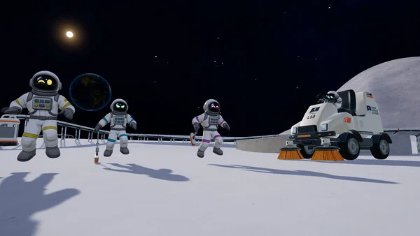 Astronautas Moon Sweepers y un vehículo de limpieza en la Luna