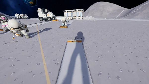 Tripulación de Moon Sweepers limpiando la superficie lunar con cepillos