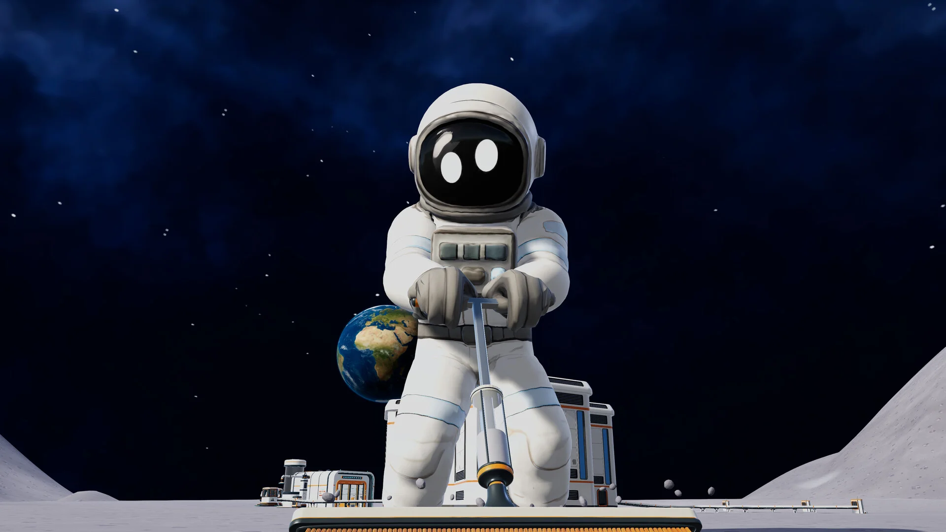 Astronauta de Moon Sweepers limpiando el polvo lunar con la Tierra en la distancia